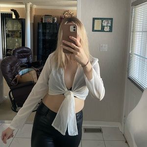 Cute Wrap Tie-Up White Longsleeve Top